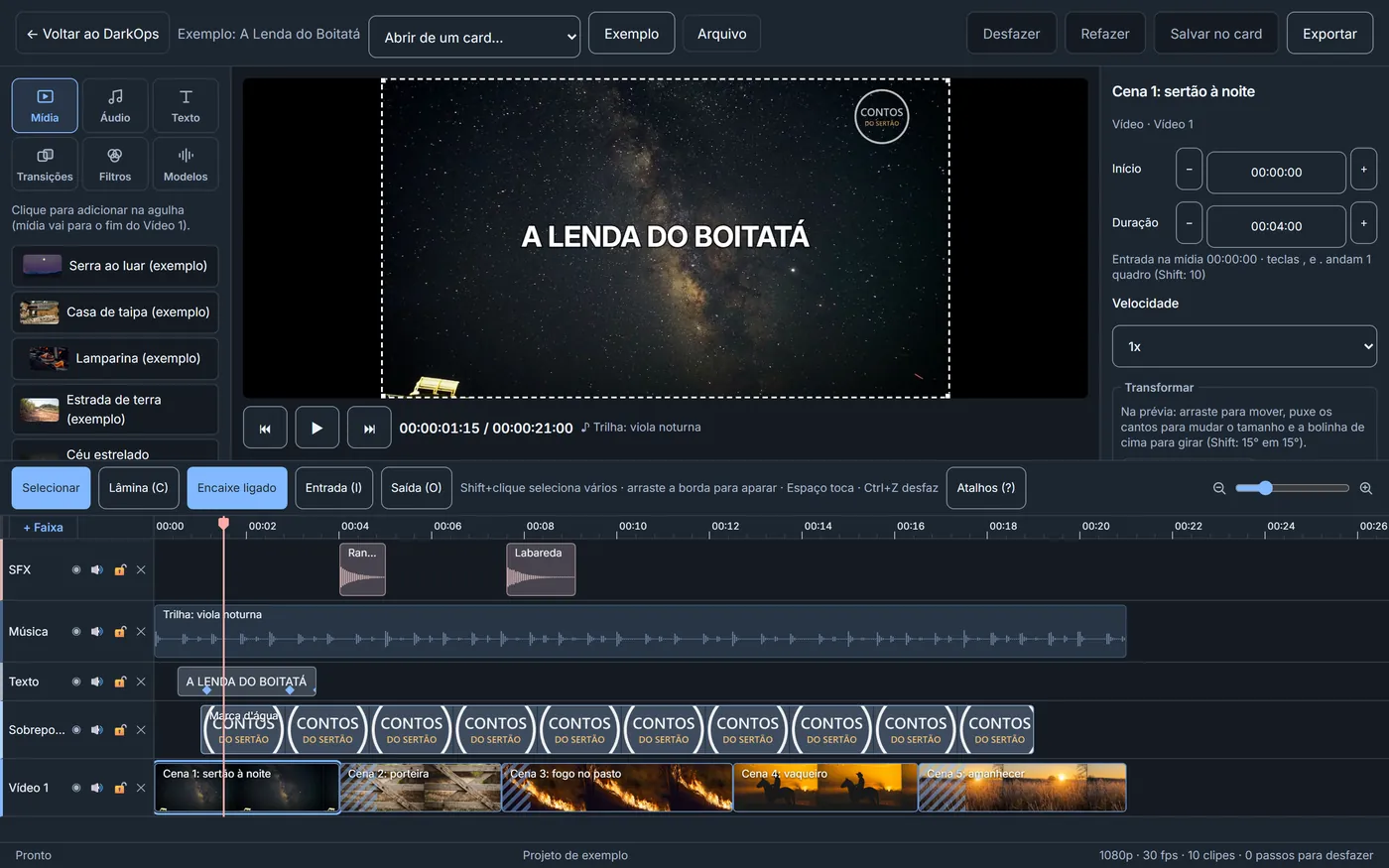 Editor de vídeo do DarkOps montando um vídeo de música